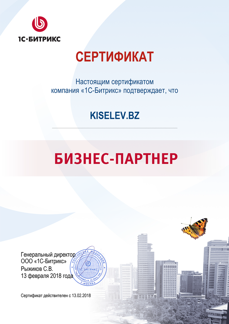 Сертификат партнёра по СРМ системам в Бородино